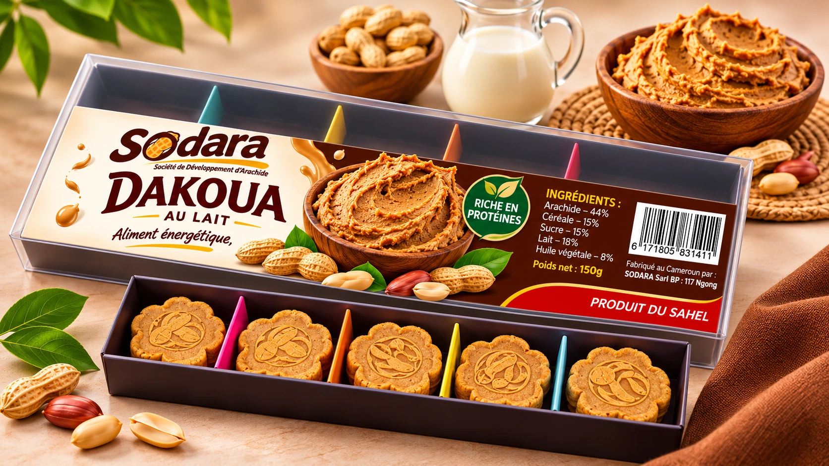 Coffret de Dakoua au lait Sodara, avec les morceaux dans un plateau compartimenté